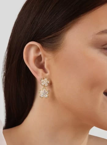 14K Gold Crystal Flower Drop Earrings