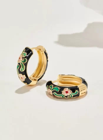 Black Gold Hoop Flower Earrings