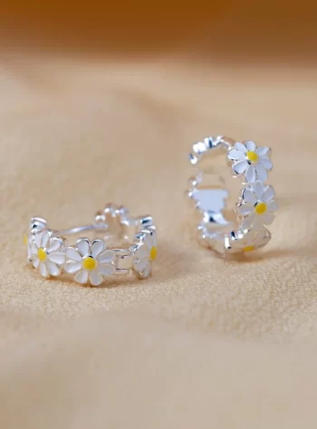Daisy Flower Silver Hoop Earrings
