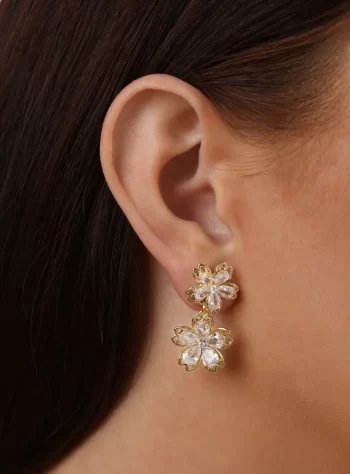 14K Gold Crystal Flower Drop Earrings