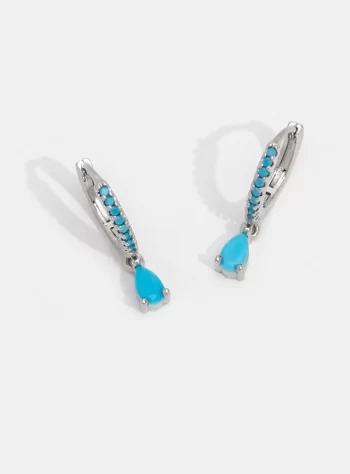 Blue Cyan Crystal Silver Hoop Earrings