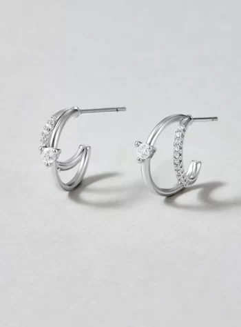 Layered Crystal Silver Hoop Earrings