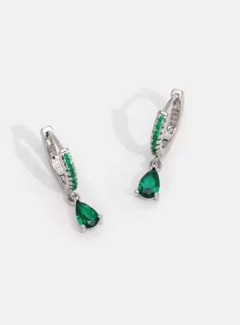 Green Crystal Silver Hoop Earrings