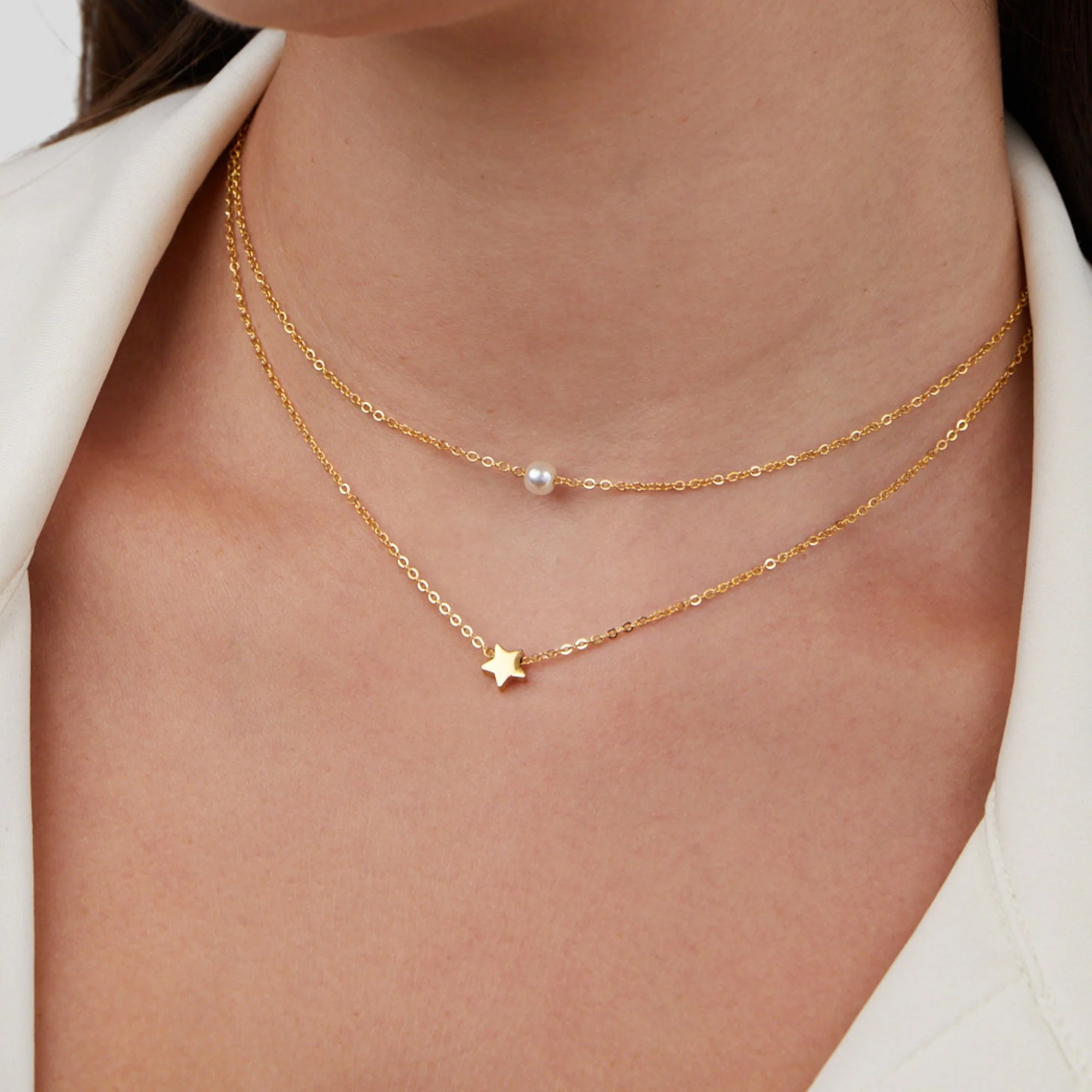 Layered Gold Star & Pearl Necklace - Image 2